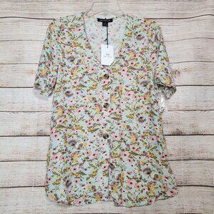 NWT Something Navy Women's Floral Blouse Size XS Short Sleeve Button V Neck